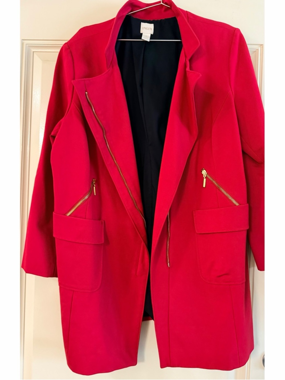 Chico's Vibrant Red Long Blazer with Gold Zippers